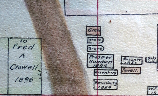 Plat of Old Section of City Cemetery. 1911. [detail] showing location of marked and unmarked single graves in Section C. Austin Travis County Collection.